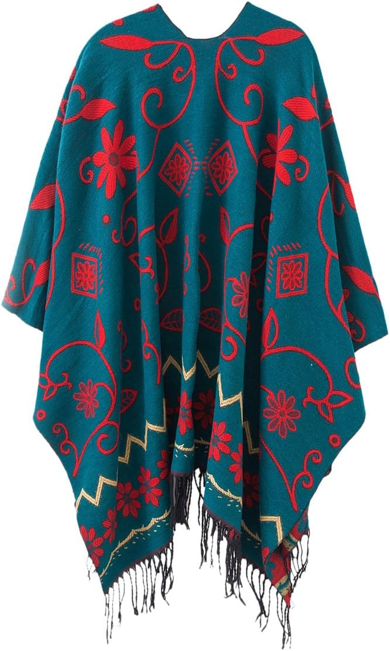 Women'S Retro Style Vintage Pattern Tassel Poncho Shawl Cape Wraps for Women