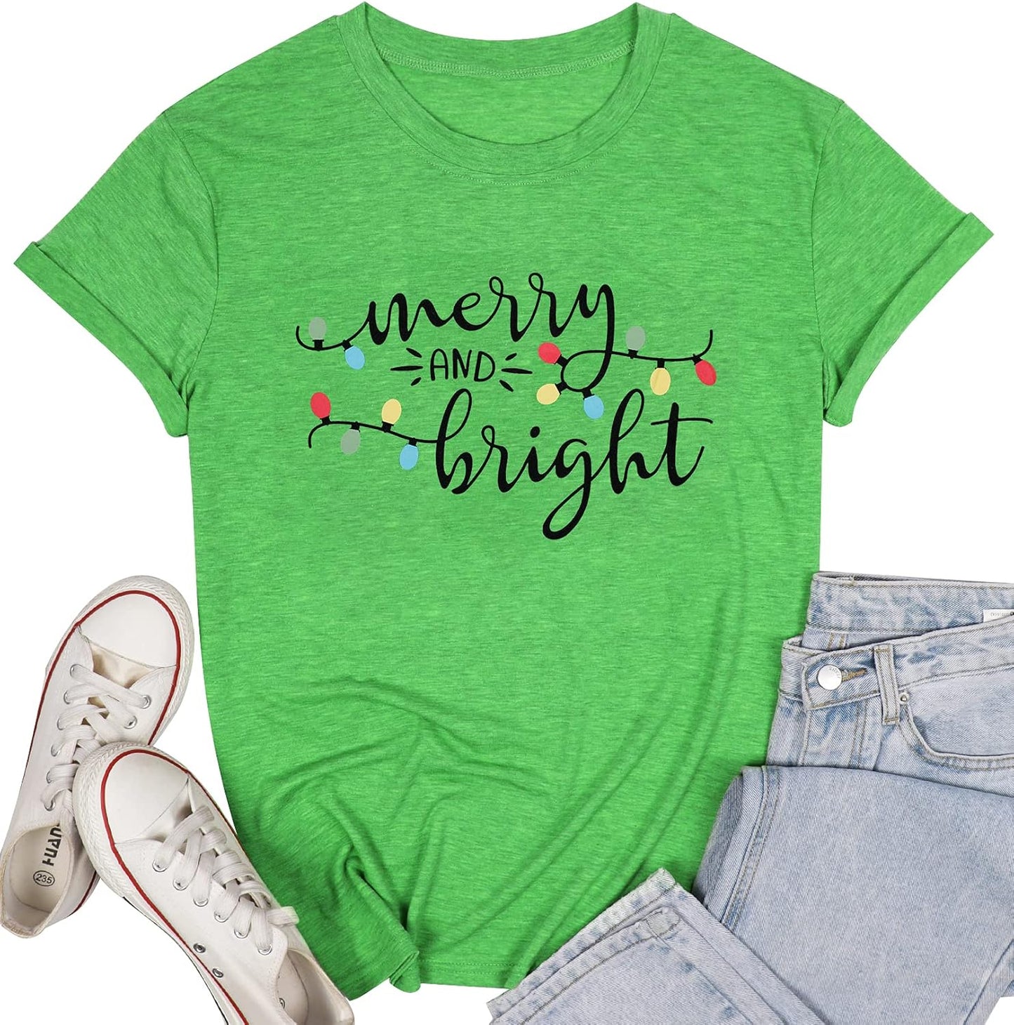 Christmas Shirt Merry and Bright Christmas Lights T-Shirts Women Xmas Lights Graphic Shirts Merry Christmas Holiday Top