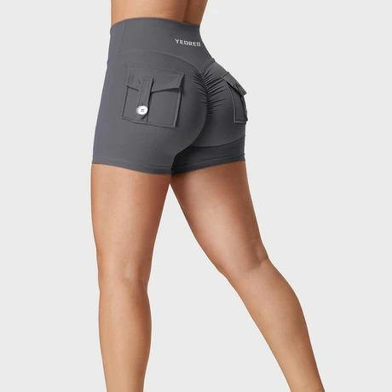 YEOREO Scrunch Workout Shorts with Pockets Charm Gym Biker Shorts for Women High Waisted Yoga Booty Shorts Athletic High Waisted