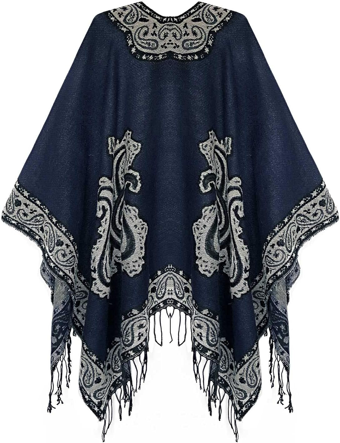 Women'S Retro Style Vintage Pattern Tassel Poncho Shawl Cape Wraps for Women