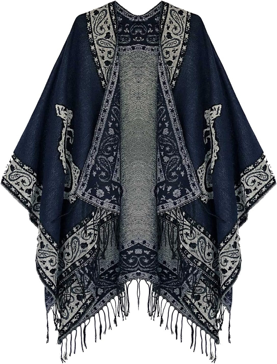 Women'S Retro Style Vintage Pattern Tassel Poncho Shawl Cape Wraps for Women