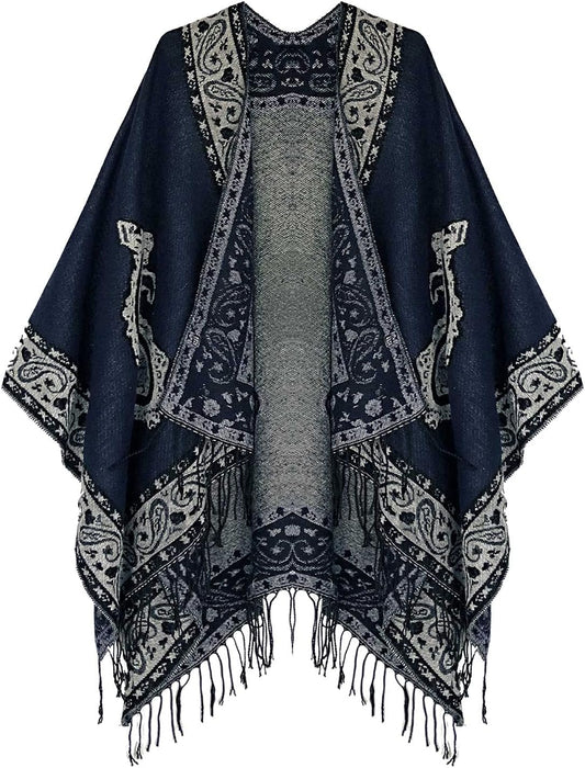 Women'S Retro Style Vintage Pattern Tassel Poncho Shawl Cape Wraps for Women