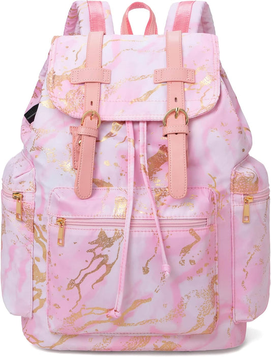 Backpack Women College Bookbag Lady Travel Rucksack 15.6Inch Laptop Bag (Marble Pink)