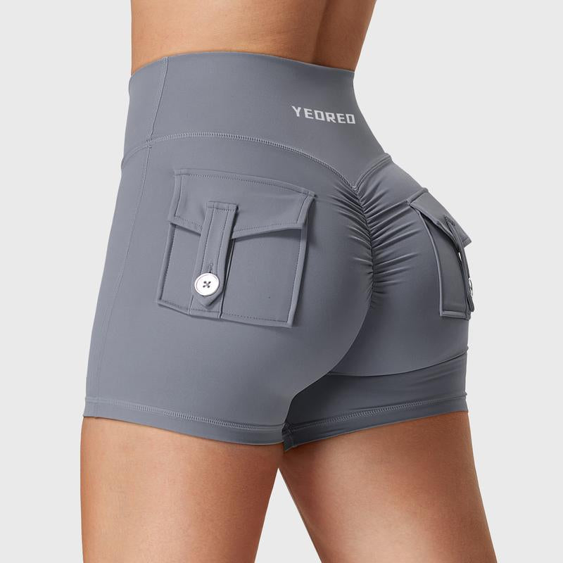 YEOREO Scrunch Workout Shorts with Pockets Charm Gym Biker Shorts for Women High Waisted Yoga Booty Shorts Athletic High Waisted