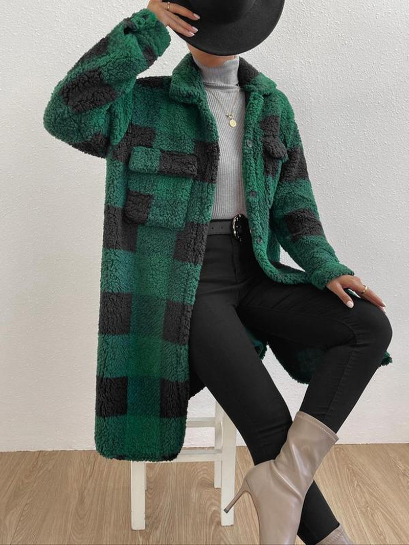 Women'S Plaid Print Button Front Fuzzy Jacket, Casual Long Sleeve Collared Outerwear for Fall & Winter, Women'S Clothes for Daily Wear