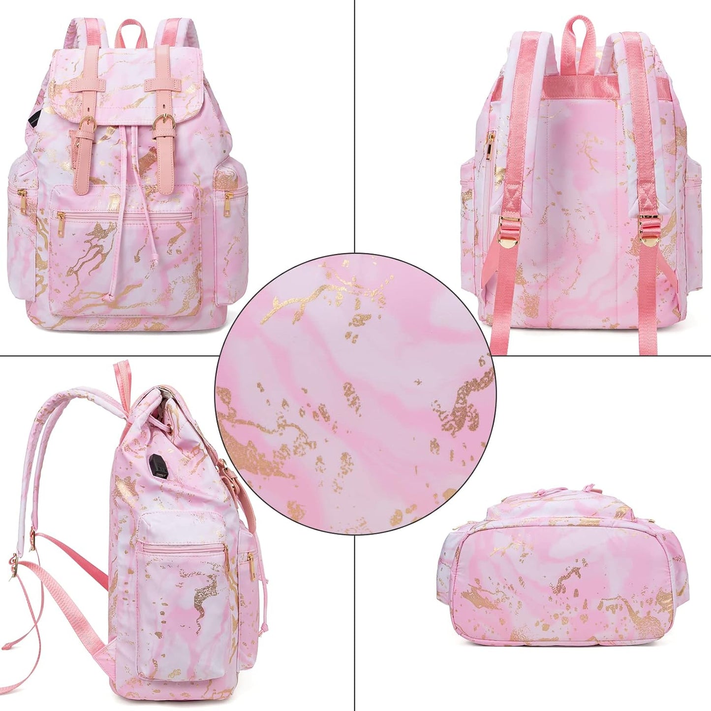 Backpack Women College Bookbag Lady Travel Rucksack 15.6Inch Laptop Bag (Marble Pink)