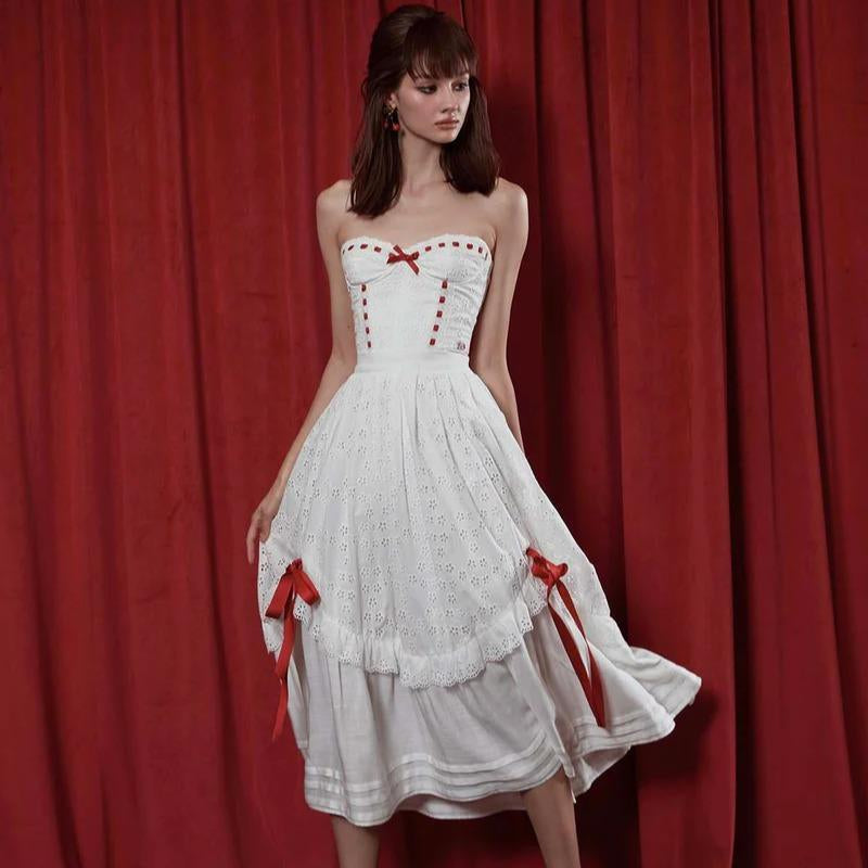 The Red Ballroom Set- Halloween Party 2024 White Summer Wedding Drawstring Design Dress Women Clothes Hollow Lace Cotton