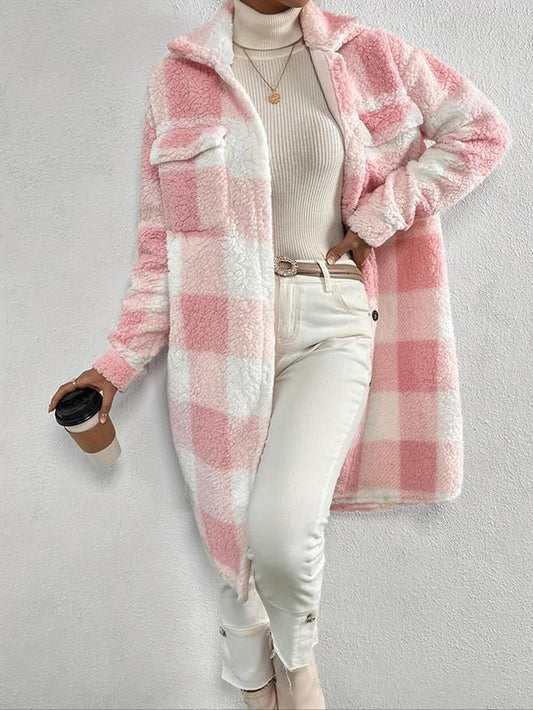 Women'S Plaid Print Button Front Fuzzy Jacket, Casual Long Sleeve Collared Outerwear for Fall & Winter, Women'S Clothes for Daily Wear