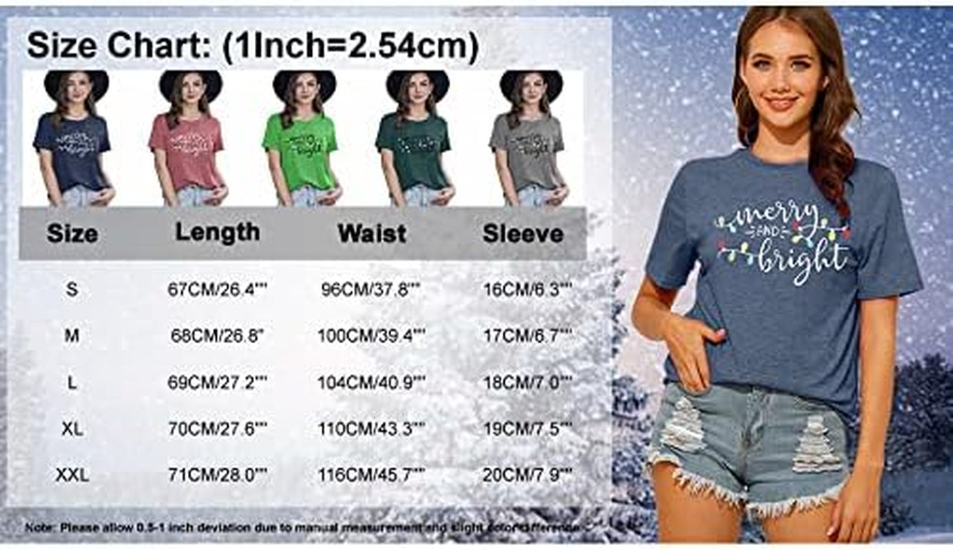 Christmas Shirt Merry and Bright Christmas Lights T-Shirts Women Xmas Lights Graphic Shirts Merry Christmas Holiday Top