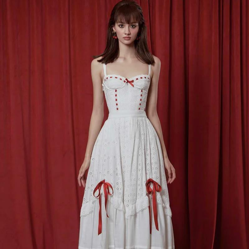 The Red Ballroom Set- Halloween Party 2024 White Summer Wedding Drawstring Design Dress Women Clothes Hollow Lace Cotton