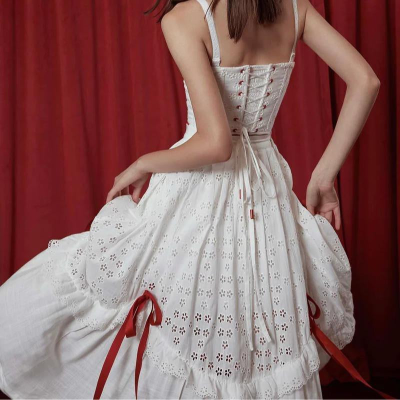 The Red Ballroom Set- Halloween Party 2024 White Summer Wedding Drawstring Design Dress Women Clothes Hollow Lace Cotton