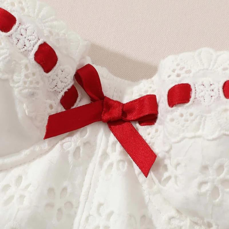 The Red Ballroom Set- Halloween Party 2024 White Summer Wedding Drawstring Design Dress Women Clothes Hollow Lace Cotton