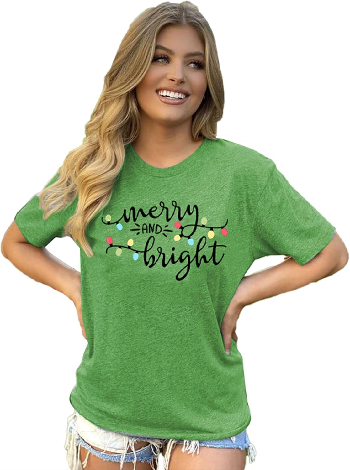 Christmas Shirt Merry and Bright Christmas Lights T-Shirts Women Xmas Lights Graphic Shirts Merry Christmas Holiday Top