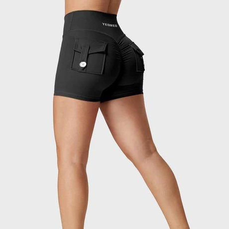 YEOREO Scrunch Workout Shorts with Pockets Charm Gym Biker Shorts for Women High Waisted Yoga Booty Shorts Athletic High Waisted