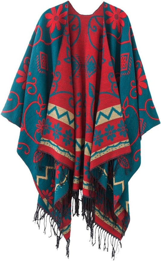 Women'S Retro Style Vintage Pattern Tassel Poncho Shawl Cape Wraps for Women