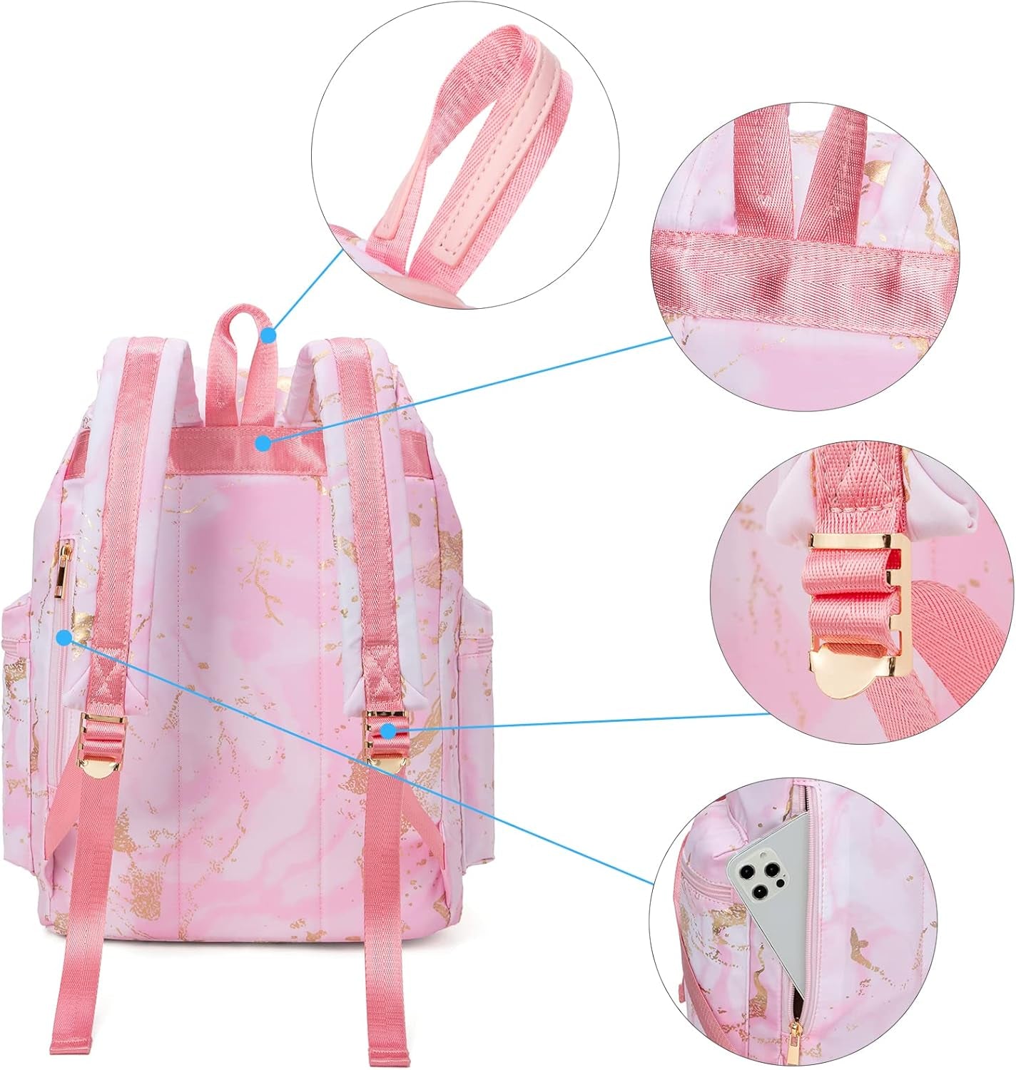 Backpack Women College Bookbag Lady Travel Rucksack 15.6Inch Laptop Bag (Marble Pink)