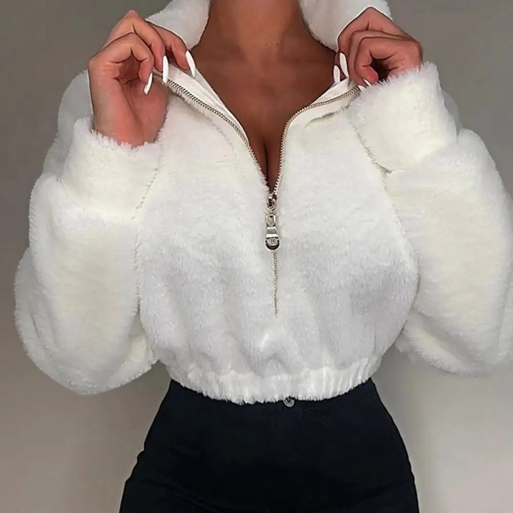 Pullover Faux Fur Women Sweatshirt Graceful Comfy Elegant Pure Color Plush Sweatshirt