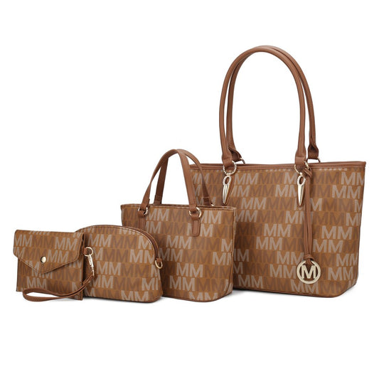 Vegan Leather Women'S Tote Bag, Small Tote Handbag, Pouch Purse & Wristlet Wallet Bag 4 Pcs Set by Mia K - Tan